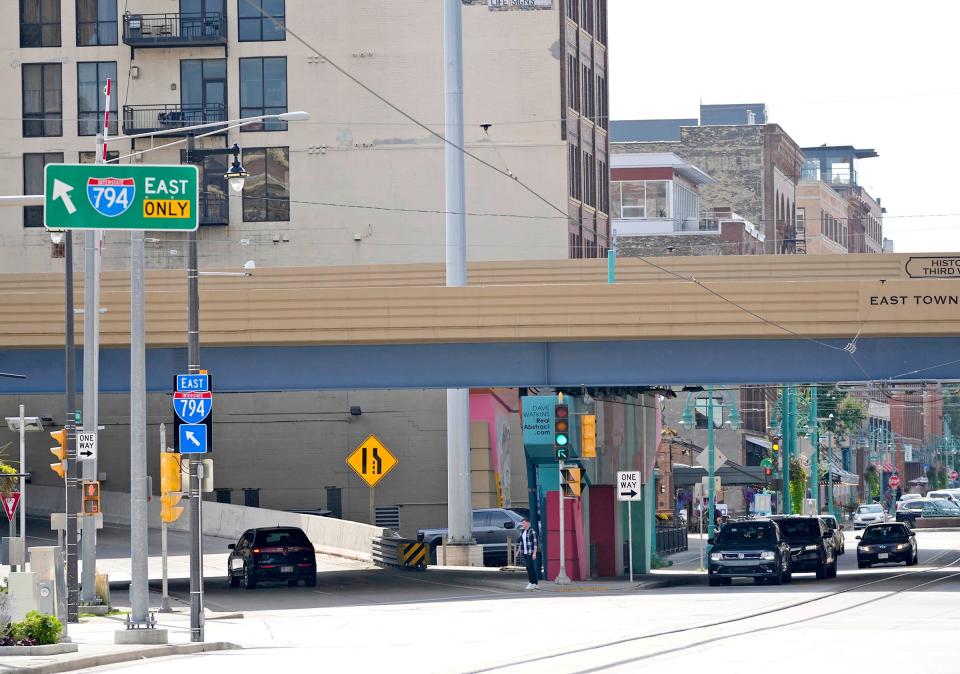 A vehicle travels along the on-ramp from North Broadway to I-794 in Milwaukee on Wednesday.