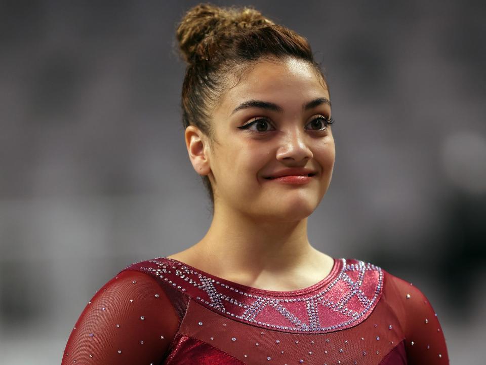 Laurie Hernandez reacts at the Senior Women's competition of the 2021 U.S. Gymnastics Championships.