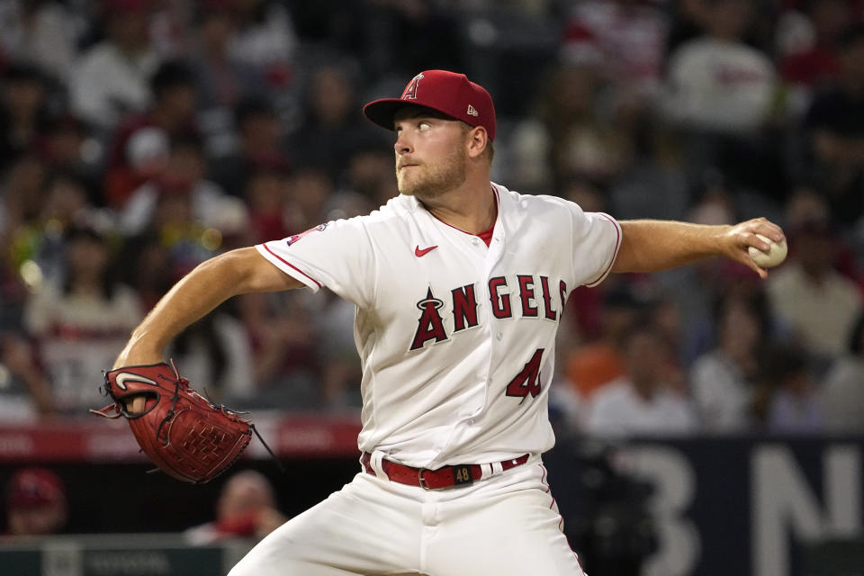 Los Angeles Angels starting pitcher Reid Detmers throws to the plate during the third inning of a baseball game against the Baltimore Orioles Tuesday, Sept. 5, 2023, in Anaheim, Calif. (AP Photo/Mark J. Terrill)