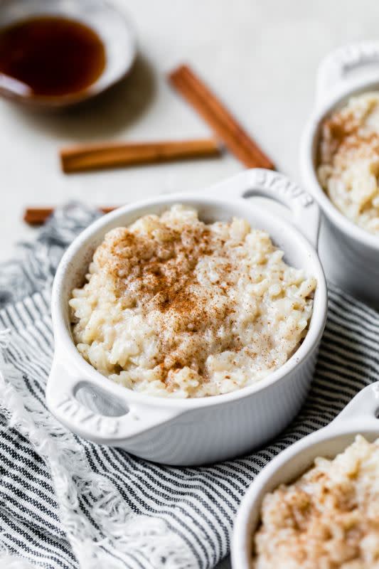 <p>The Almond Eater</p><p>This vegan arroz con leche is both sweet and sticky, and made using white rice, cinnamon and your favorite dairy-free milk for an easy and delicious Mexican rice pudding recipe.</p><p><strong>Get the recipe: <a href="https://thealmondeater.com/vegan-arroz-con-leche/" rel="nofollow noopener" target="_blank" data-ylk="slk:Vegan Arroz con Leche;elm:context_link;itc:0;sec:content-canvas" class="link ">Vegan Arroz con Leche</a></strong></p>