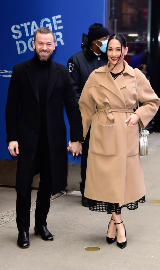 NEW YORK, NEW YORK – JANUARY 25: Nikki Bella and Artem Chigvintsev are seen outside “Good Morning America” on January 25, 2023 in New York City. <em>Photo by Raymond Hall/2023 GC images.</em>