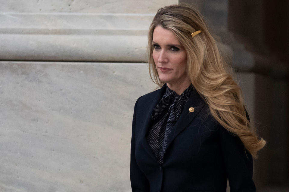 Sen. Kelly Loeffler, R-Ga., departs after the impeachment acquittal of President Donald Trump, on Capitol Hill, Wednesday, Feb. 5, 2020 in Washington. (AP Photo/Alex Brandon)