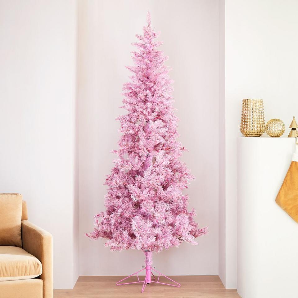 13) Pink Tinsel Christmas Tree