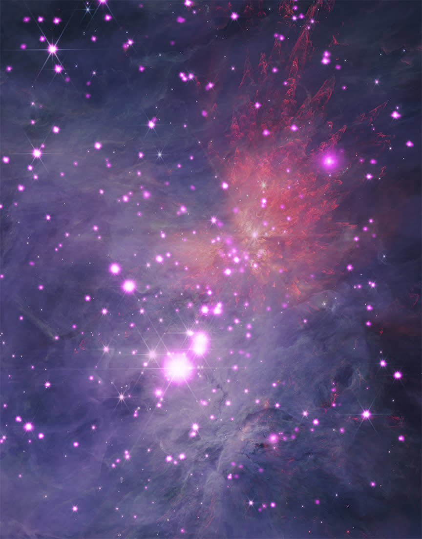 pink and purple hazy regions of space, scattered with many glowing dots.