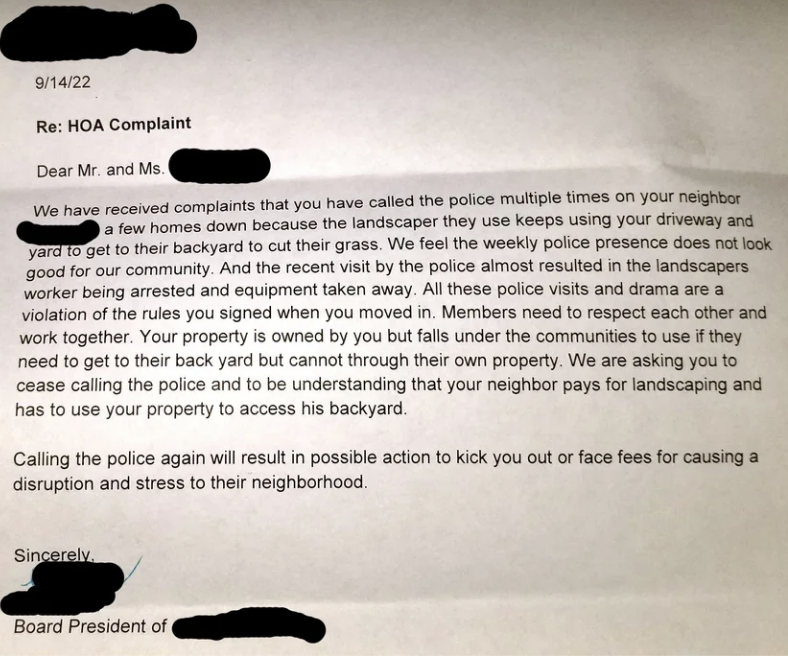 Letter titled "Re: HOA Complaint" dated 9/14/22 about ongoing disputes involving police reports with neighbors, landscaping, and yard use