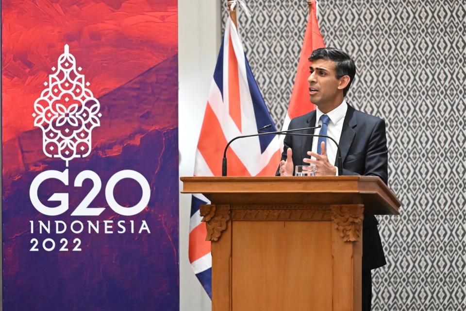 Britain's Prime Minister Rishi Sunak holds a press conference after meeting with U.S. President Joe Biden and a phone call to Ukraine President Volodymyr Zelenskyy, in Nusa Dua, Indonesia, Wednesday, Nov. 16, 2022. (Leon Neal/Pool Photo via AP)