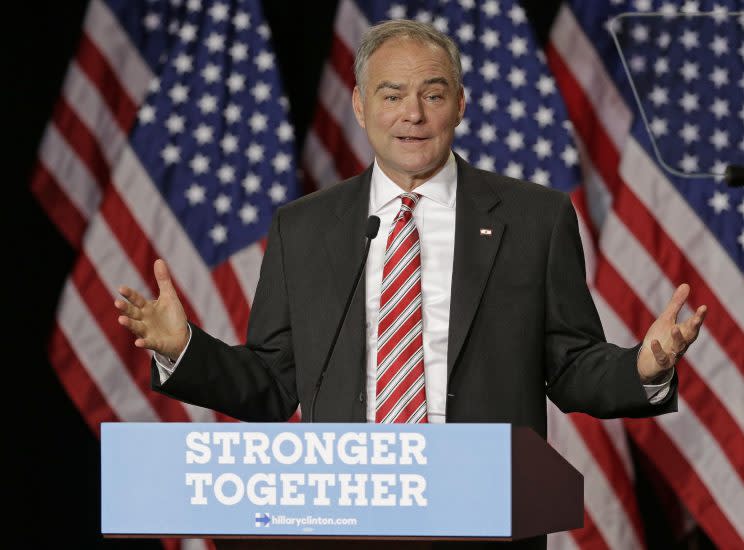 Democratic vice presidential candidate, Sen. Tim Kaine, D-Va. speaks during a campaign rally in Wilmington, N.C., Tuesday, Sept. 6, 2016. (Photo: Chuck Burton/AP)