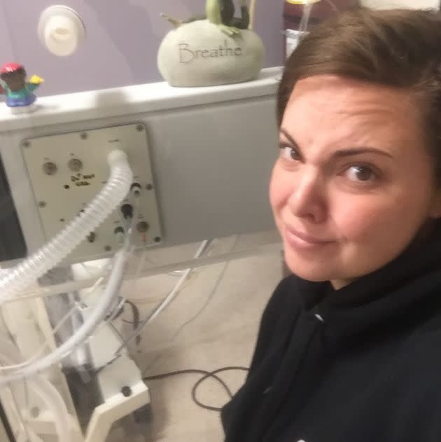 Amanda Riley poses with medical equipment under a blog post titled 