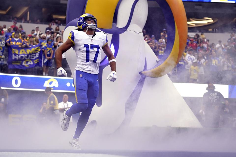 Los Angeles Rams wide receiver Puka Nacua takes the field prior to a game against the San Francisco 49ers Sunday, Sept. 17, 2023.