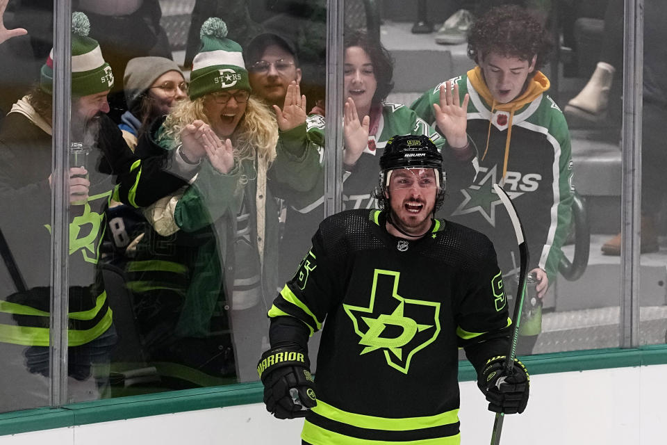 Dallas Stars center Matt Duchene celebrates after scoring in the third period of an NHL hockey game against the Columbus Blue Jackets, Monday, Oct. 30, 2023, in Dallas. (AP Photo/Tony Gutierrez)