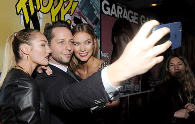 Candice Swanepoel, Derek Blasberg and Karlie Kloss taking a selfie at NYFW. Photo: Getty Images