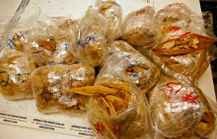 Algunos de los 450 tamales decomisados en el aeropuerto de Los Angeles. (AP)