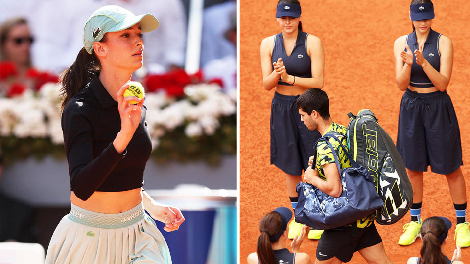 Tennis ball woman at the Madrid Open and Carlos Alcaraz walks onto centre court.