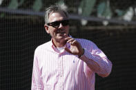 Oakland Athletics Executive Vice President of Baseball Operations Billy Beane watches baseball practice in Oakland, Calif., Tuesday, Oct. 1, 2019. The Athletics are scheduled to face the Tampa Bay Rays in an American League wild-card game Wednesday, Oct. 2. (AP Photo/Jeff Chiu)