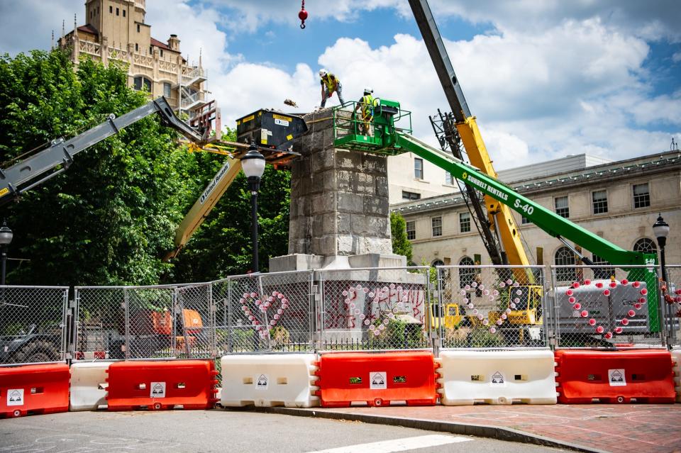 The deconstruction of Vance Monument continues on Thursday, May 27, 2021. Project manager Dustin Clements estimates the project will be finished by the weekend.