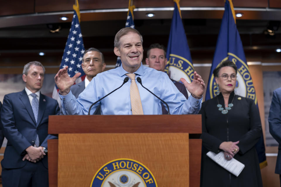 House Judiciary Committee Chairman Jim Jordan, R-Ohio, leads a news conference with members of a House Judiciary subcommittee before a hearing on what Republicans say is the politicization of the FBI and Justice Department and attacks on American civil liberties, at the Capitol in Washington, Thursday, May 18, 2023. (AP Photo/J. Scott Applewhite)