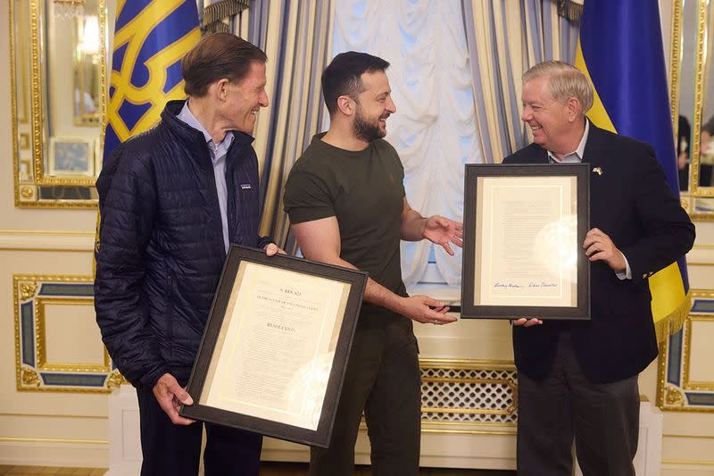 U.S. Senators Graham and Blumenthal attend a meeting with Ukraine's President Zelenskiy in Kyiv