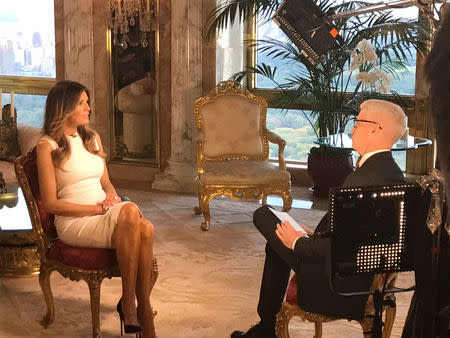 Melania Trump sits down with CNN television host Anderson Cooper during an exclusive interview in New York, to be aired October 17, 2016. Courtesy CNN/Handout via REUTERS