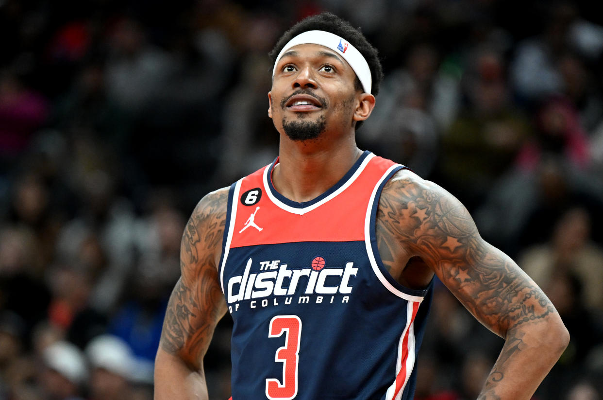 WASHINGTON, DC - MARCH 18: Bradley Beal #3 of the Washington Wizards celebrates rests during a break in the game against the Sacramento Kings at Capital One Arena on March 18, 2023 in Washington, DC.  NOTE TO USER: User expressly acknowledges and agrees that, by downloading and or using this photograph, User is consenting to the terms and conditions of the Getty Images License Agreement.  (Photo by G Fiume/Getty Images)