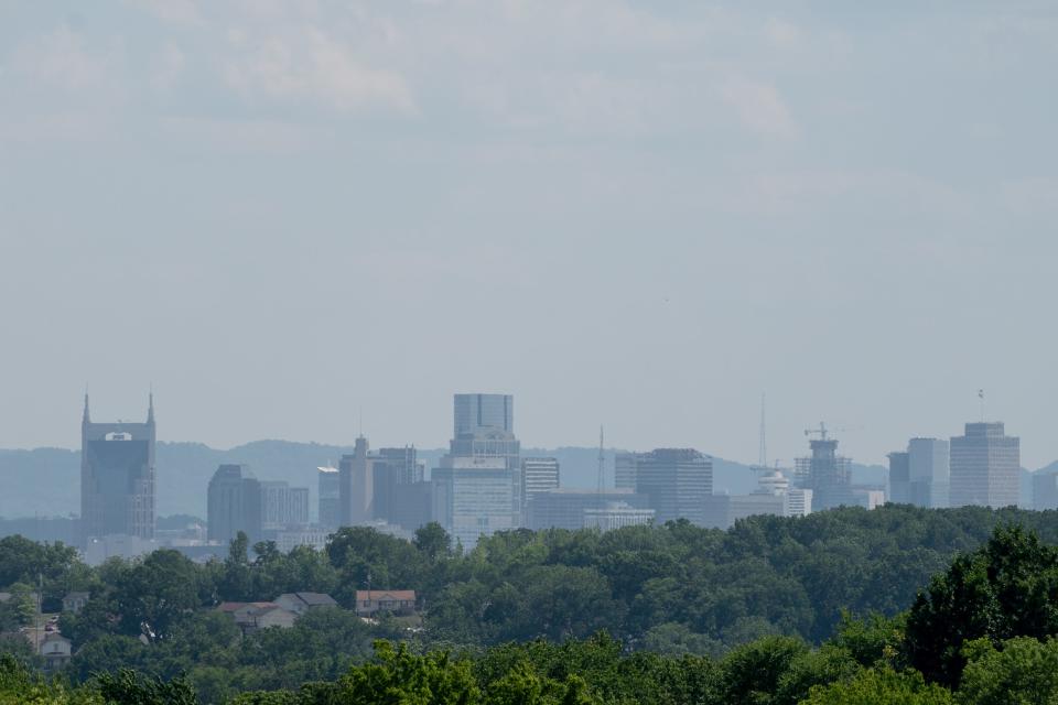 The downtown skyline is seen on a hazy day in Nashville, Tenn., Tuesday, June 27, 2023.