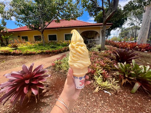 cone of dole whip ice cream at dole platantion in oahu hawaii