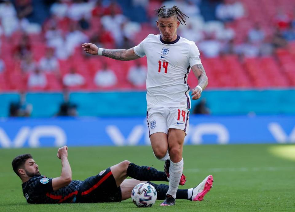 England’s Kalvin Phillips beats Croatia’s Josko Gvardiol before laying on the pass to Raheem Sterling from which he scored England’s winning goal.