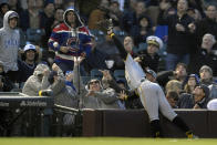 Pittsburgh Pirates third baseman Michael Chavis misses a foul ball hit by Chicago Cubs' Rafael Ortega during the fourth inning of a baseball game Tuesday, May 17, 2022, in Chicago. (AP Photo/Paul Beaty)