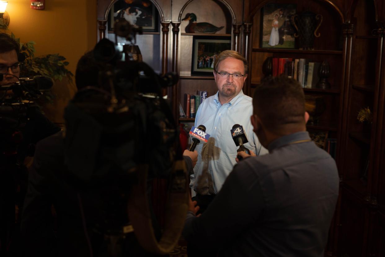 Senator Chuck Edwards speaks to the press at his watch party in Flat Rock after his primary win on May 17, 2022.