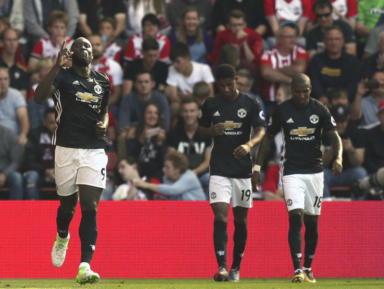 Manchester United’s Romelu Lukaku, left, celebrates scoring his side’s only goal at Southampton. (PA via AP)