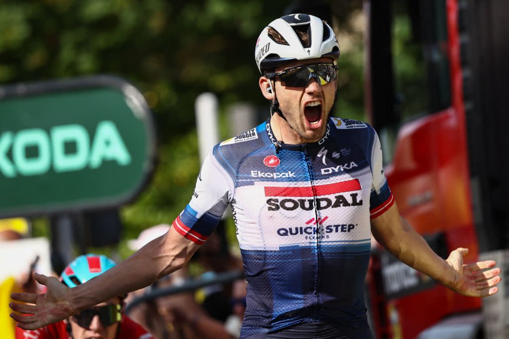  Soudal QuickSteps Danish rider Kasper Asgreen cycles to the finish line to win the 18th stage of the 110th edition of the Tour de France cycling race 184 km between Moutiers and BourgenBresse in the French Alps on July 20 2023 Photo by AnneChristine POUJOULAT  AFP Photo by ANNECHRISTINE POUJOULATAFP via Getty Images 