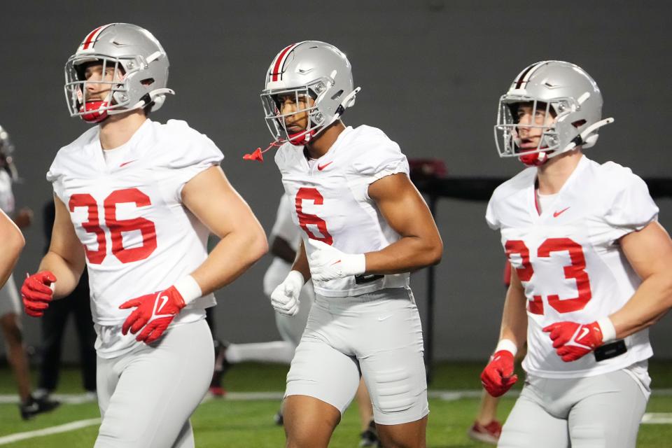 Mar 7, 2024; Columbus, OH, USA; Ohio State Buckeyes safety Sonny Styles (6) works out with the linebackers during spring football practice at the Woody Hayes Athletic Center.