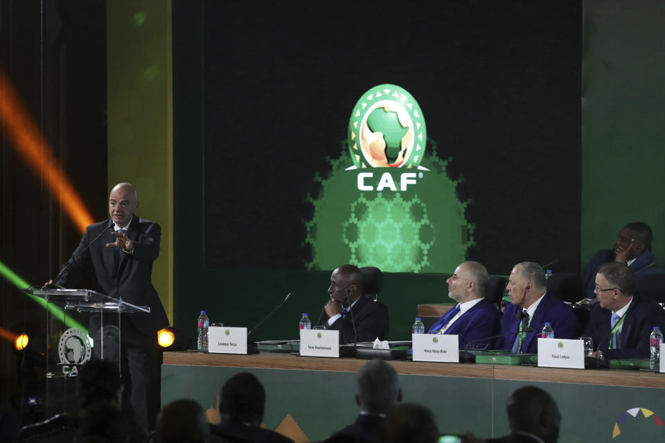 FIFA president Gianni Infantino speaks during the Confederation of African Football general assembly in Cairo, Egypt, Thursday, July 18, 2019. The African soccer body is holding its first major meeting since announcing that FIFA will send a senior official to lead a clean-up of the scandal-plagued organization in an unprecedented move for soccer. The Confederation of African Football, whose president is facing numerous allegations of corruption amid the crisis, is holding its general assembly on Thursday in Cairo on the eve of the African Cup final. (AP Photo/Hassan Ammar)