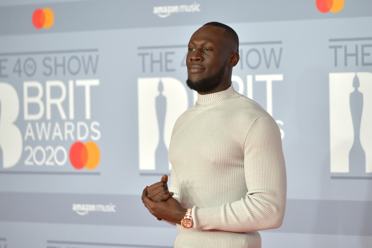 LONDON, ENGLAND - FEBRUARY 18: (EDITORIAL USE ONLY)  Stormzy attends The BRIT Awards 2020 at The O2 Arena on February 18, 2020 in London, England. (Photo by Jim Dyson/Redferns)