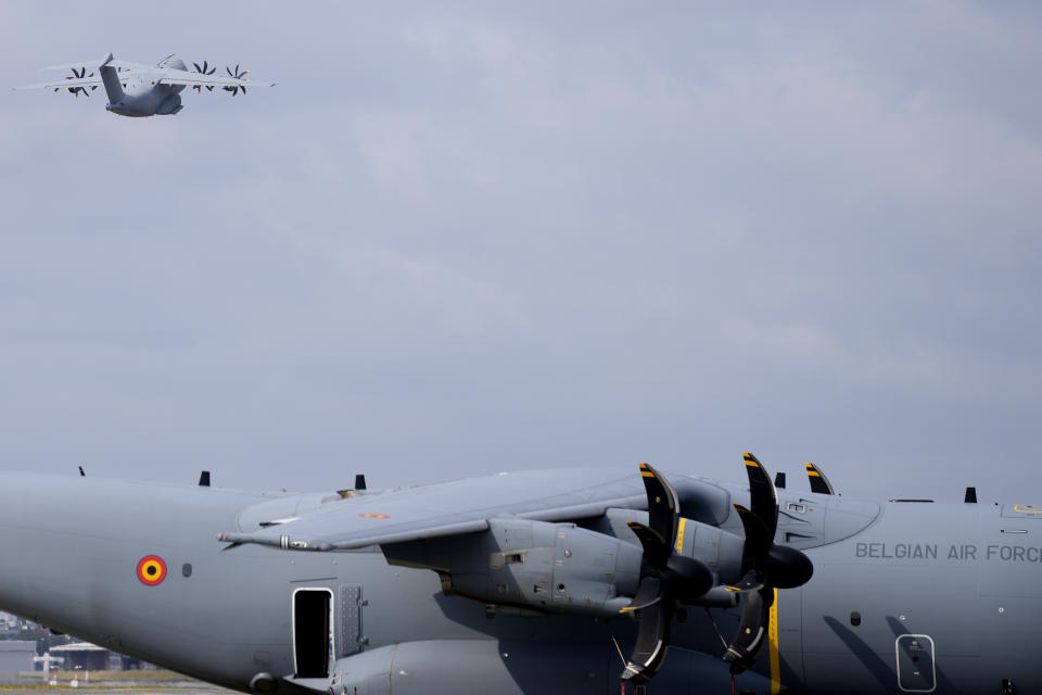 FILE - A military transport plane takes off carrying soldiers from Belgium and Luxembourg at Melsbroek Military Airport in Melsbroek, Belgium, Tuesday, July 4, 2023. NATO's much-celebrated unity faces fresh strains when leaders gather for their annual summit this week in Vilnius, Lithuania. Disagreements have been stacking up over admitting Sweden as NATO's 32nd member, boosting military spending and finding a new secretary general. (AP Photo/Virginia Mayo, File)