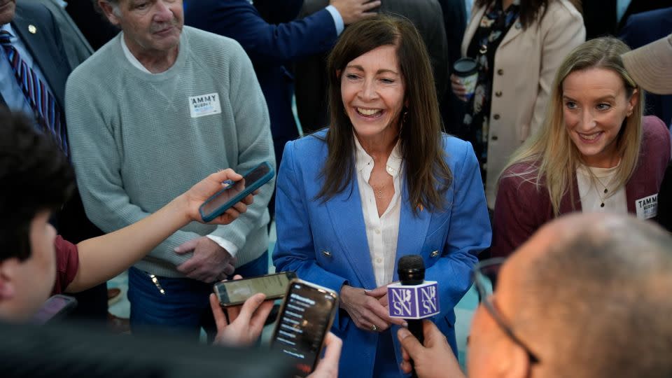 New Jersey first lady Tammy Murphy talks to reporters at the Bergen County Democratic convention in Paramus on March 4, 2024. - Seth Wenig/AP