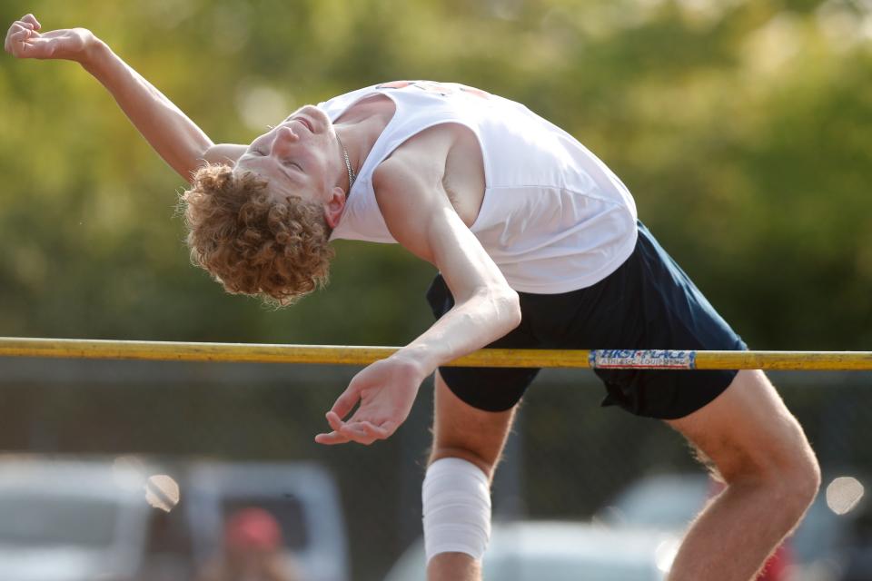 Harrison Kasen Newton competes in the high jump during the IHSAA boys track and field sectional meet, Thursday, May 18, 2023, at West Lafayette High School in West Lafayette, Ind. 