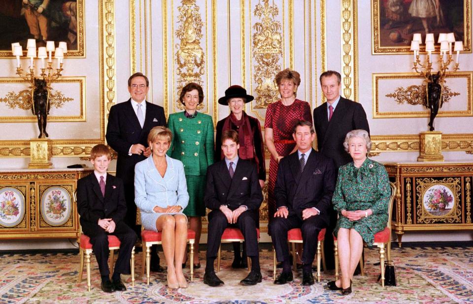 <p>An official family portrait taken on the day of Prince William's confirmation in the White Drawing Room at Windsor Castle in March 1997. William's five godparents are pictured on the back row, while Prince Harry, the late Diana, Princess of Wales, Prince William, Prince Charles and the Queen sit on the front row.</p>