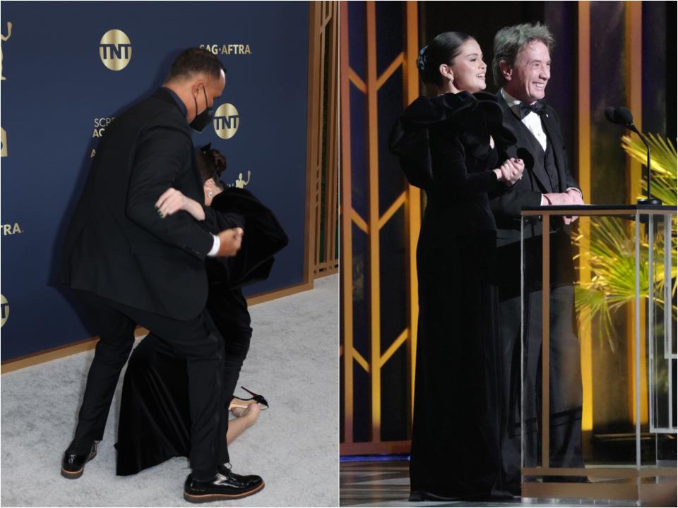 Side of side of Selena falling to her knees and a security guard catching her. Her heels come off. Next to Selena in her long black gown and Martin Short presenting onstage