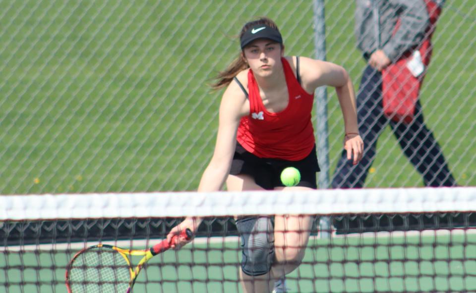 Ally Jones hits a shot for Milan during a 6-2 victory over Riverview on Tuesday, April 16, 2024.