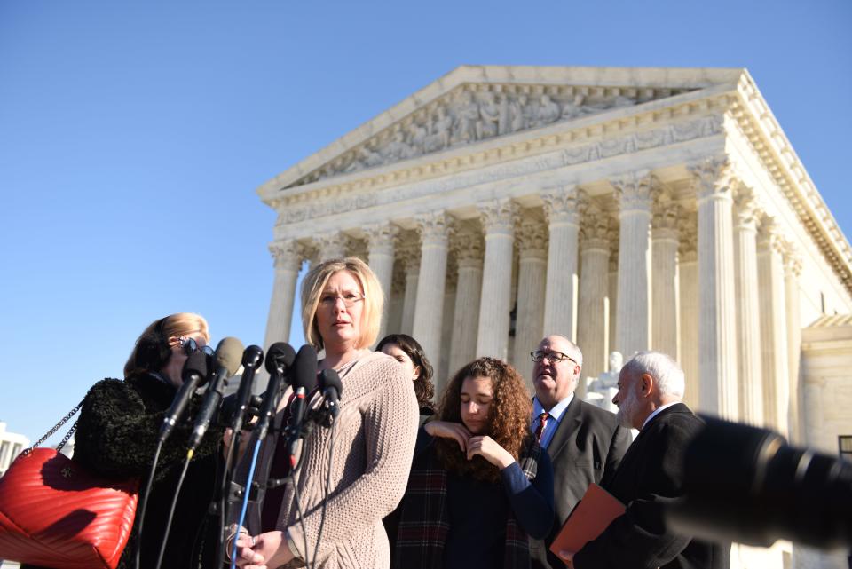 Kendra Espinoza, lead plaintiff in the Supreme Court case challenging state bans on funding religious schools, addresses the media following oral argument in her case.