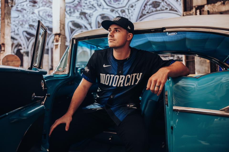 Detroit Tigers left-hander Tarik Skubal models the new City Connect uniforms in Detroit, Michigan.