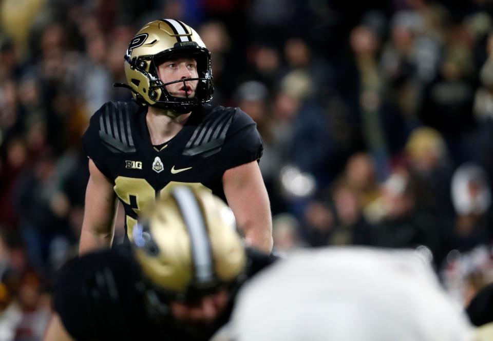 Purdue Boilermakers place kicker Ben Freehill (39) lines up to kick an extra point during the NCAA football game against the Minnesota Golden Gophers, Saturday, Nov. 11, 2023, at Ross-Ade Stadium in West Lafayette, Ind. Purdue Boilermakers won 49-30.