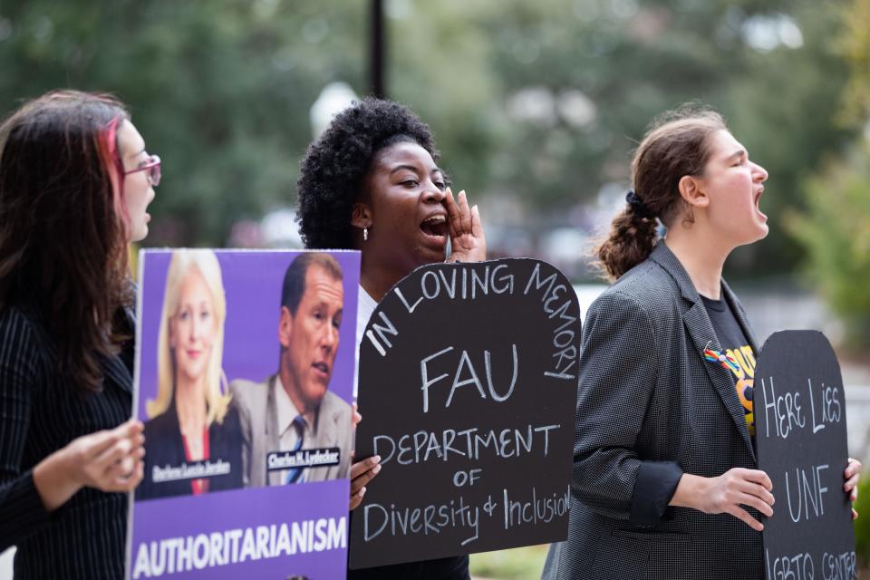 Dozens of students rally outside the Florida State University Student Union on Jan. 24, 2024, to “defend diversity” and voice their opposition of cuts to sociology and DEI initiatives as a Florida Board of Governors meeting was held inside the building.
