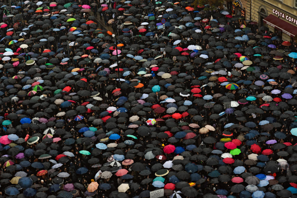 The streets of Warsaw's Old Town were&nbsp;filled with men and women protesting proposed anti-abortion legislation.