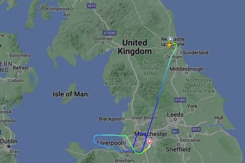 The flight path of TOM800 which was re-directed to Manchester Airport after a suspected bird strike on Tuesday