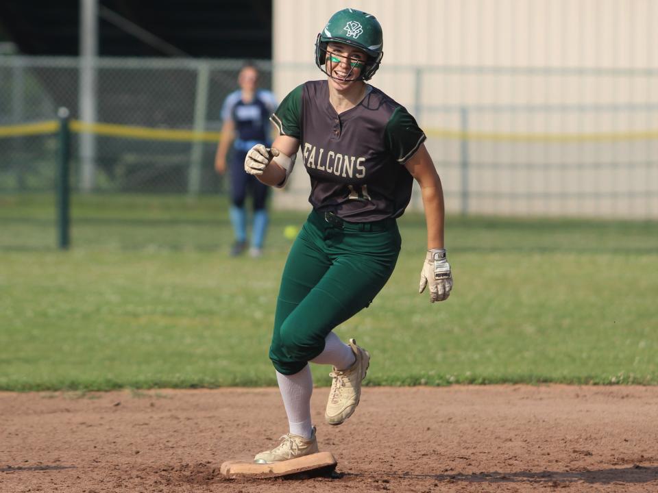 Dighton-Rehoboth's Lucy Latour is all smiles after hitting a home run during a 2023 MIAA Division 3 Round of Eight game against Triton.