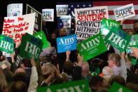 Supporters face off with protestors who took over the stage forcing Democratic presidential hopeful Minnesota Senator Amy Klobuchar to cancel her rally before it even started on March 1, 2020 in St. Louis Park, west of Minneapolis, Minnesota. - Hundreds of Klobuchar supporters witnessed a group of Black Lives Matter protesters demanding her to drop out of the race after her misshandling of Myon Burrell's case in 2002 when she was County Attorney. (Photo by Kerem Yucel / AFP) (Photo by KEREM YUCEL/AFP via Getty Images)