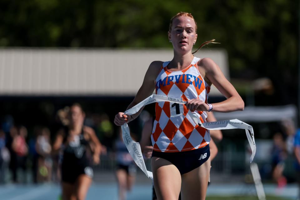 Timpview’s Jane Hedengren takes first in the 5A girls 3,200-meter race at the Utah high school track and field championships at BYU in Provo on Thursday, May 18, 2023. | Spenser Heaps, Deseret News