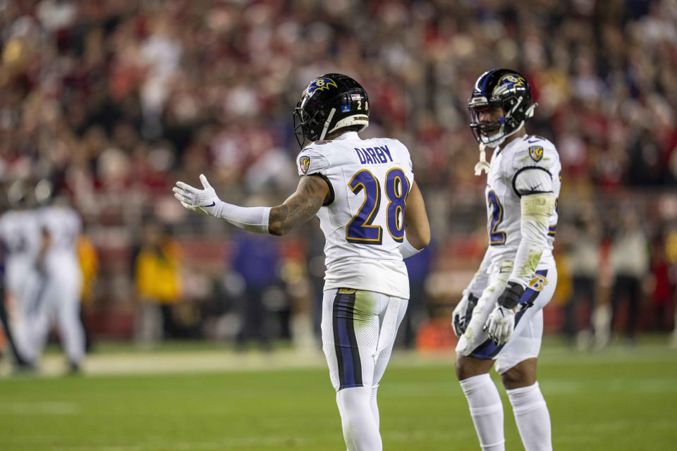 Dec 25, 2023; Santa Clara, California, USA; Baltimore Ravens cornerback Ronald Darby (28) reacts after being called for a foul during the first quarter against the <a class="link " href="https://sports.yahoo.com/nfl/teams/san-francisco/" data-i13n="sec:content-canvas;subsec:anchor_text;elm:context_link" data-ylk="slk:San Francisco 49ers;sec:content-canvas;subsec:anchor_text;elm:context_link;itc:0">San Francisco 49ers</a> at Levi’s Stadium. Mandatory Credit: Neville E. Guard-USA TODAY Sports