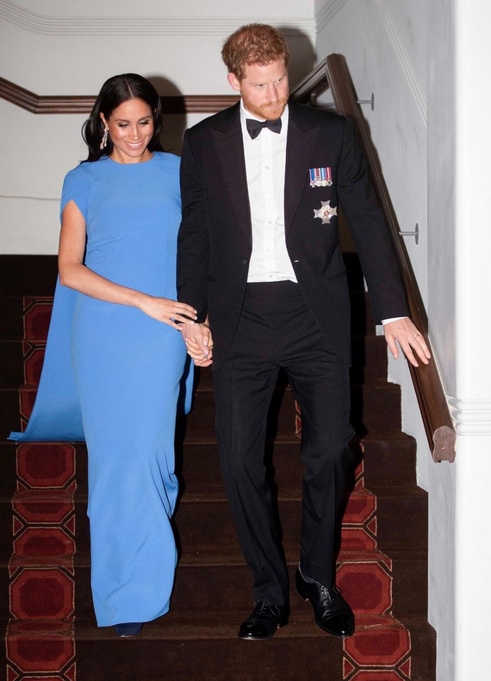 <p>Duchess Meghan was all smiles as she and Prince Harry arrived at the State Dinner with President Jioji Konrote. </p>